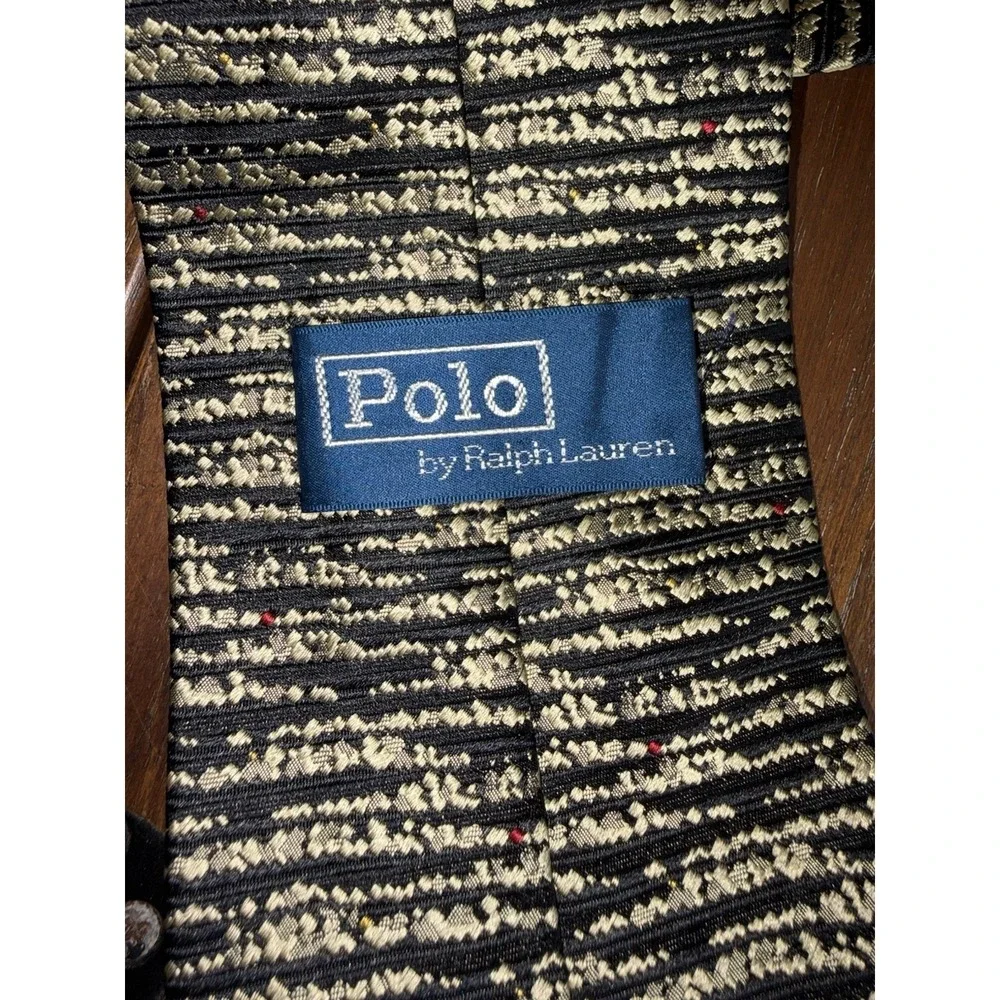 Polo Ralph‎ Lauren Mens 100% Silk Tie Wide Black Textured Gold Geometric Vintage